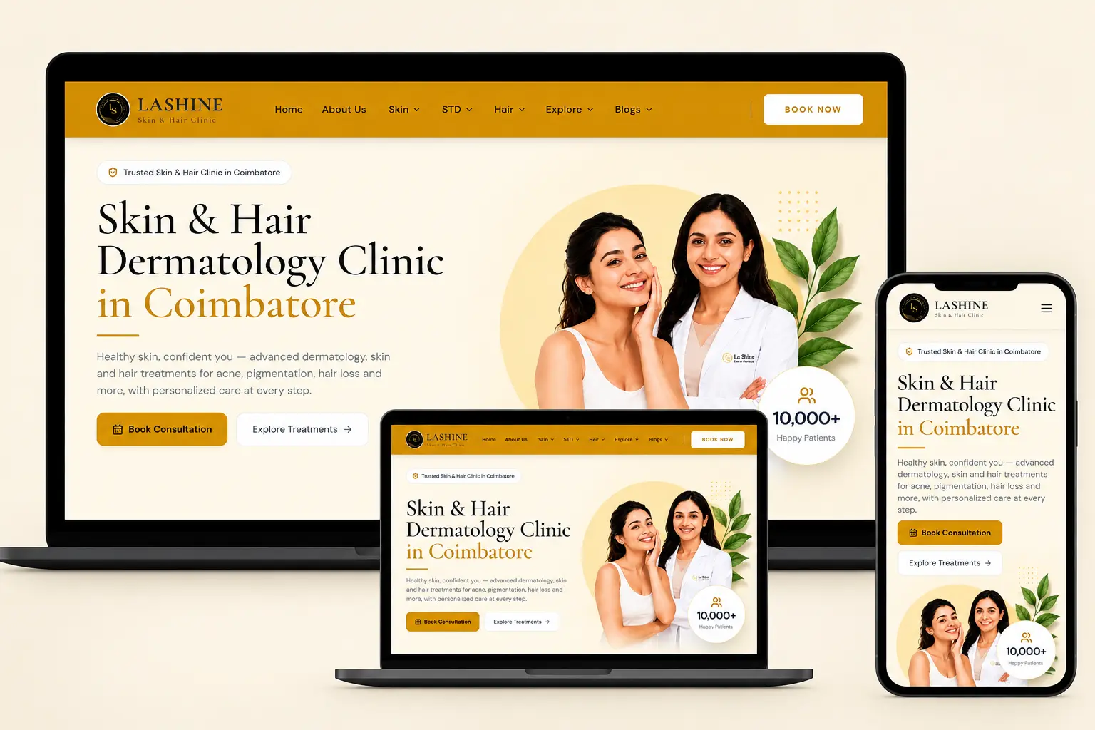 Lashine Skin & Hair Clinic responsive website UI design concept
